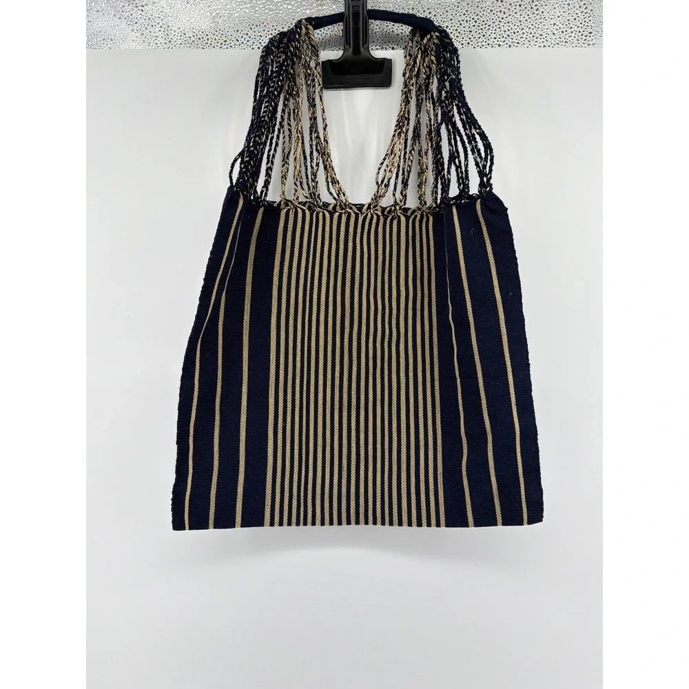 Handmade Woven Navy Blue Gold Color Striped Tote Bag Braided Handles Boho Market